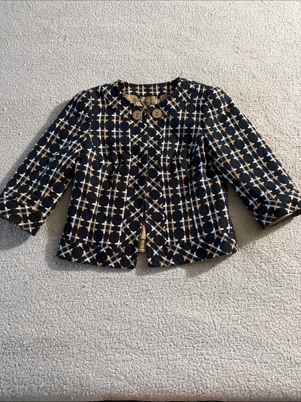 Trina Turk Black and Cream Plaid Cropped Blazer Size 6